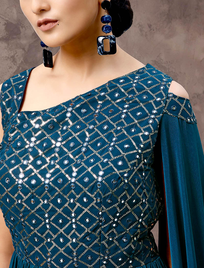 Teal Blue Glimmering Imported Lycra Fully Stitched Gown For Women