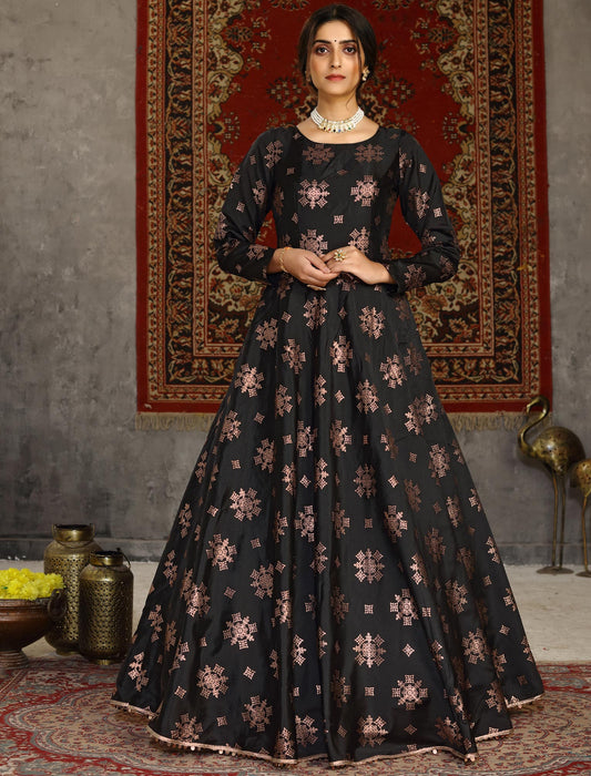 Metallic Foil Work Black Taffeta Anarkali Ethnic Long Gown For Women