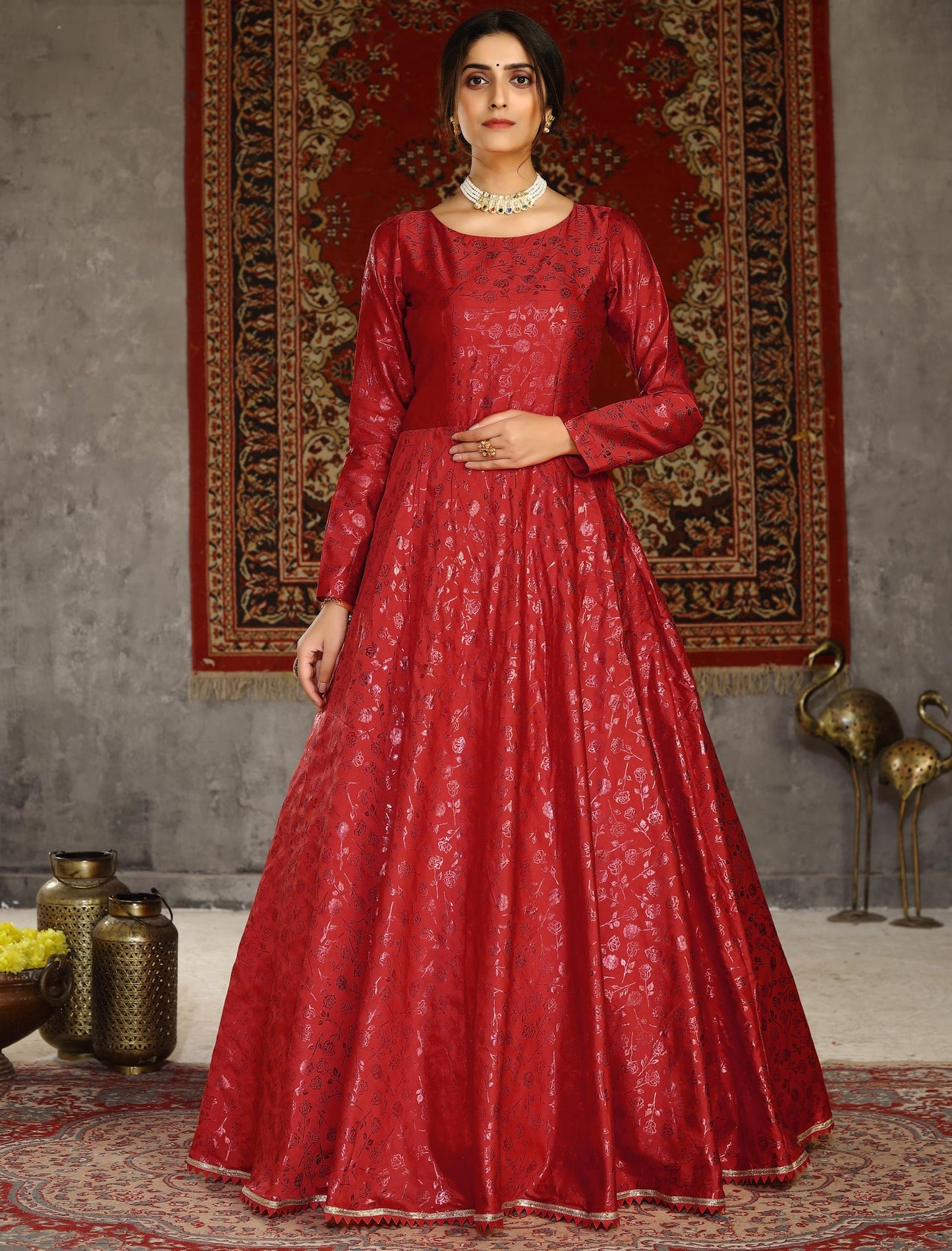 Red Taffeta Anarkali Ethnic Long Gown For Women with Metallic Foil Work