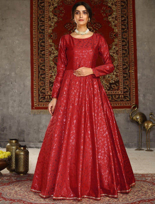 Red Taffeta Anarkali Ethnic Long Gown For Women with Metallic Foil Work