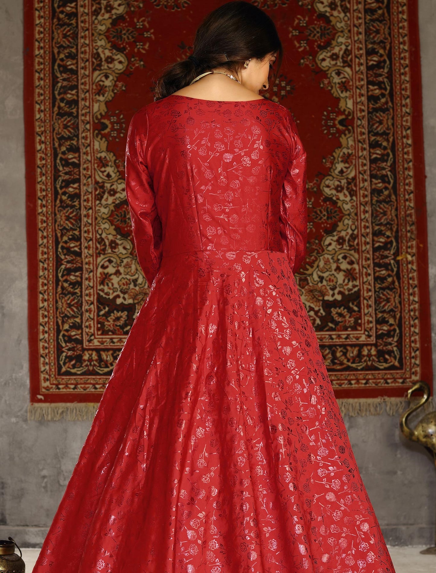 Red Taffeta Anarkali Ethnic Long Gown For Women with Metallic Foil Work