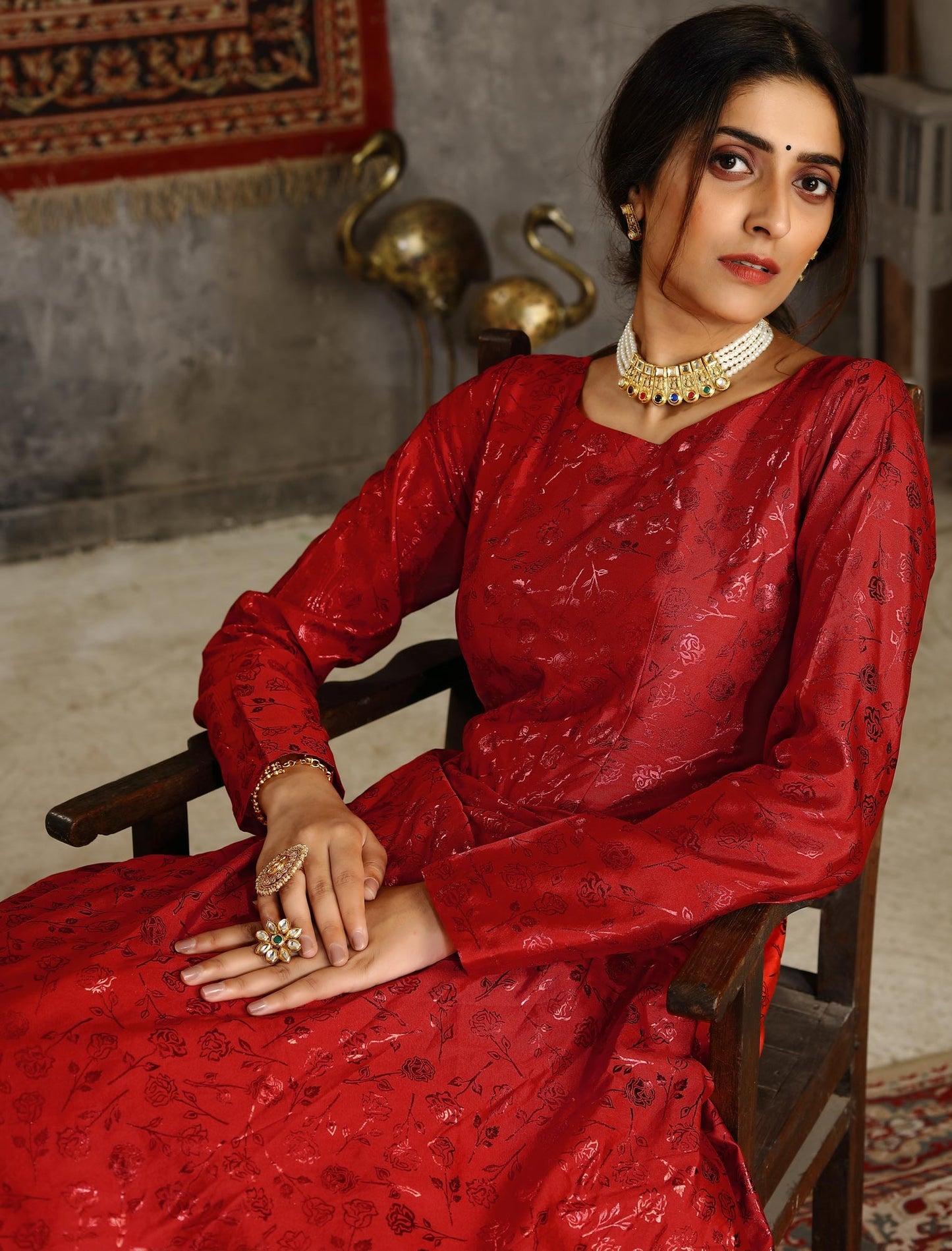 Red Taffeta Anarkali Ethnic Long Gown For Women with Metallic Foil Work