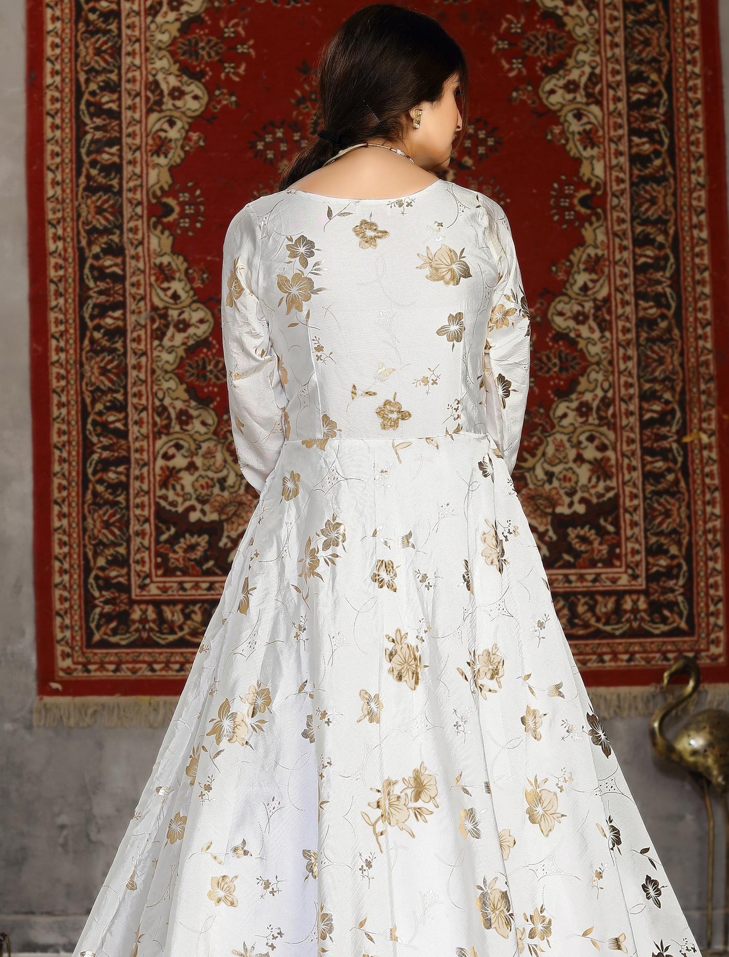 White Taffeta Anarkali Ethnic Long Gown For Women with Metallic Foil Work