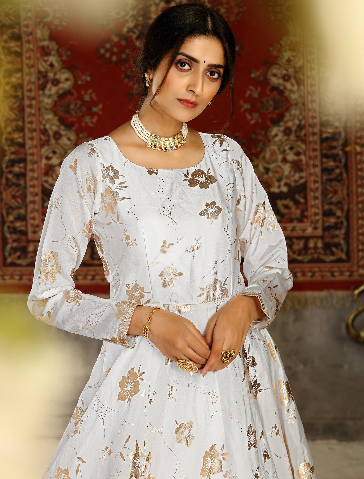 White Taffeta Anarkali Ethnic Long Gown For Women with Metallic Foil Work