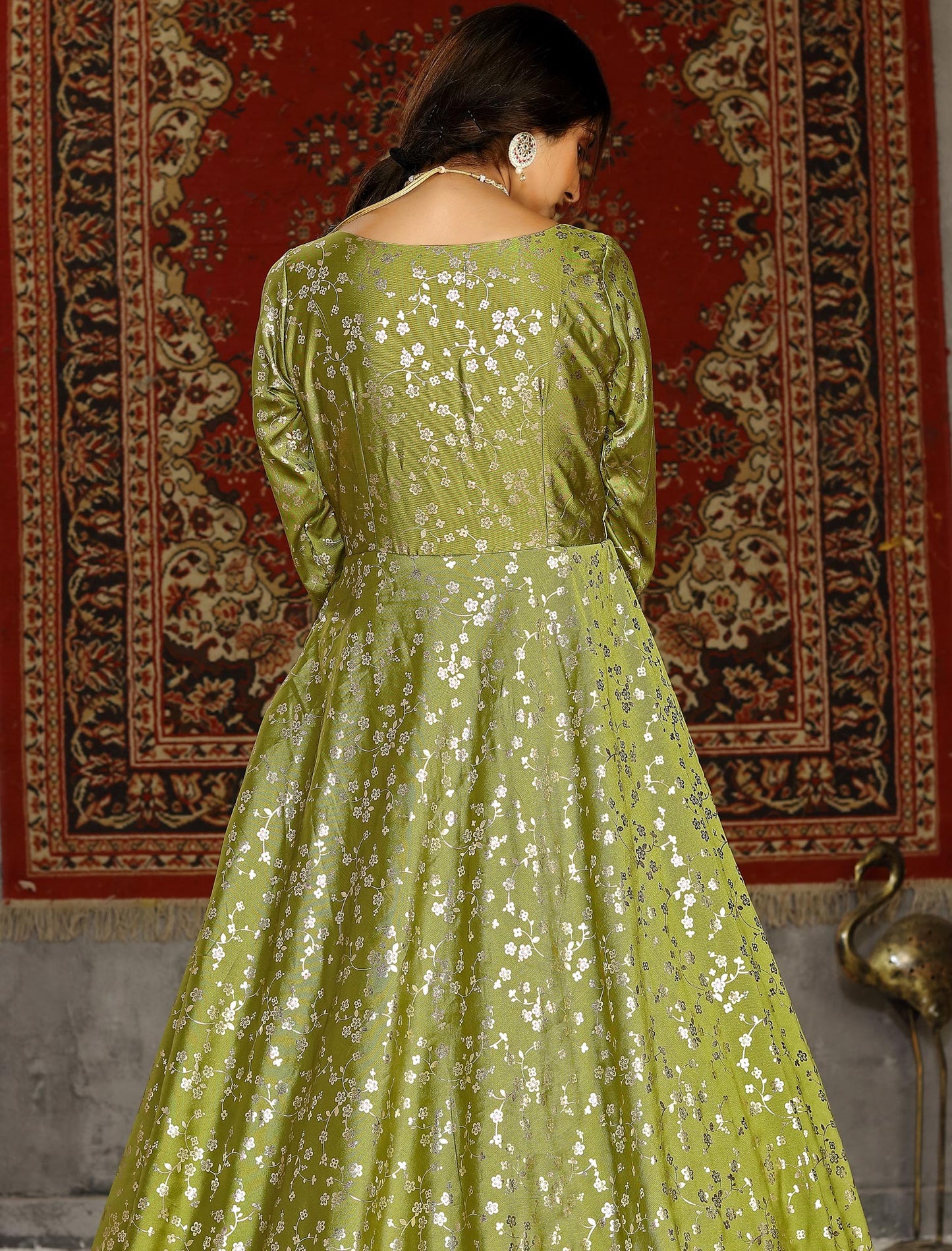 Designer Anarkali Ethnic Long Gown for Women in Fluorescent Green Taffeta with Metallic Foil Work