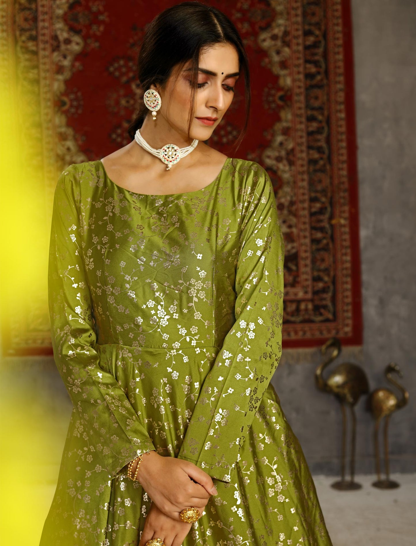 Designer Anarkali Ethnic Long Gown for Women in Fluorescent Green Taffeta with Metallic Foil Work