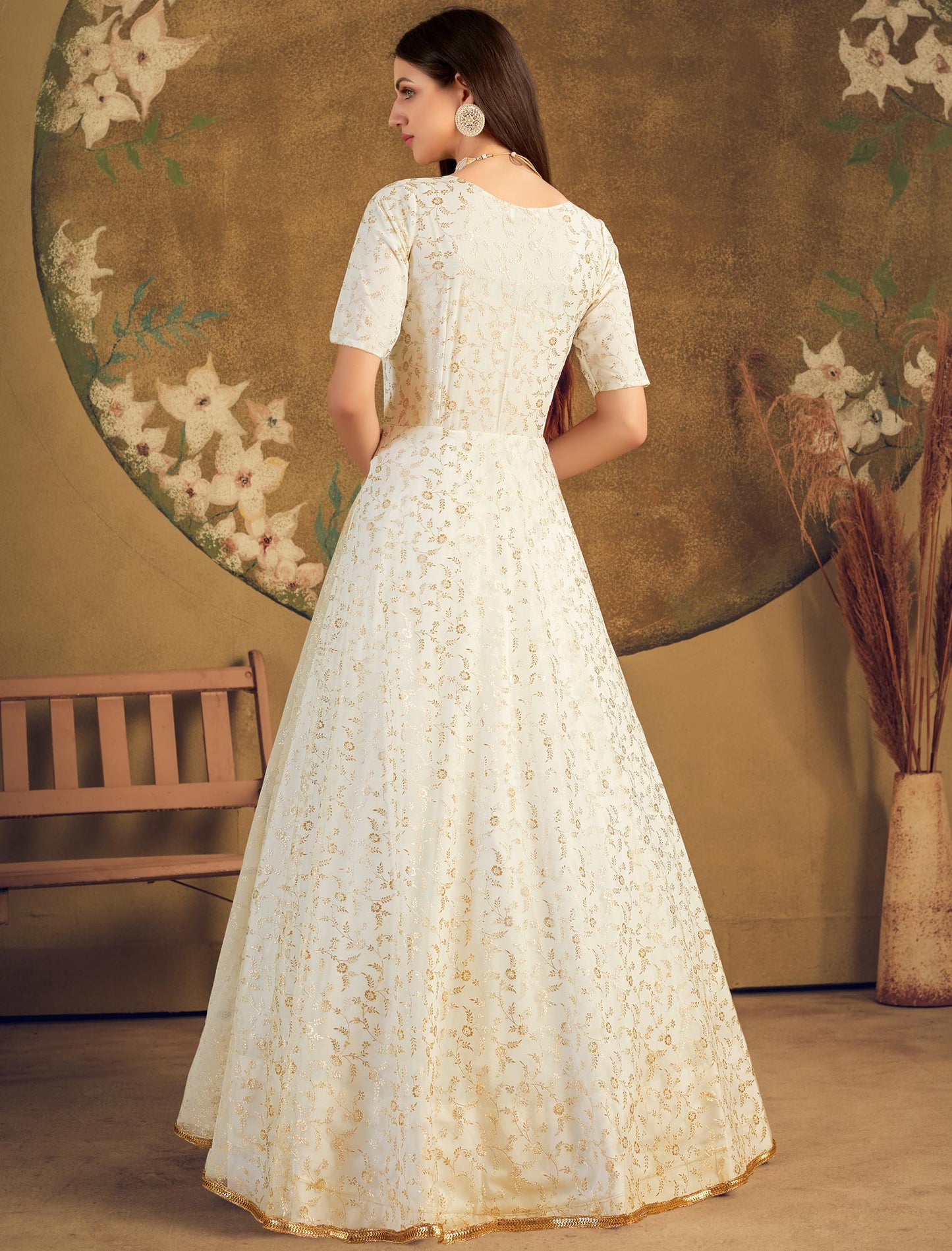 White Net Designer Anarkali Ethnic Long Gown for Women