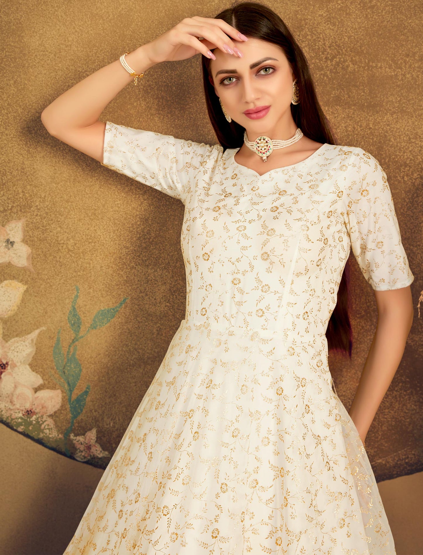 White Net Designer Anarkali Ethnic Long Gown for Women