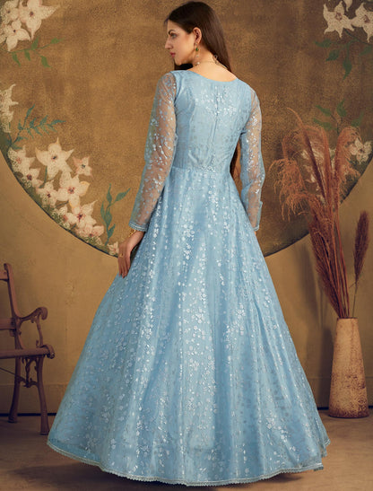 Designer Anarkali Ethnic Gown For Women in Sky Color with Metalic Foil Work