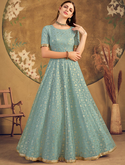 Designer Anarkali Ethnic Gown For Women in Tail Blue Net with Metalic Foil Work