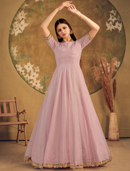Designer Net Anarkali Ethnic Long Gown For Women in Dust Pink