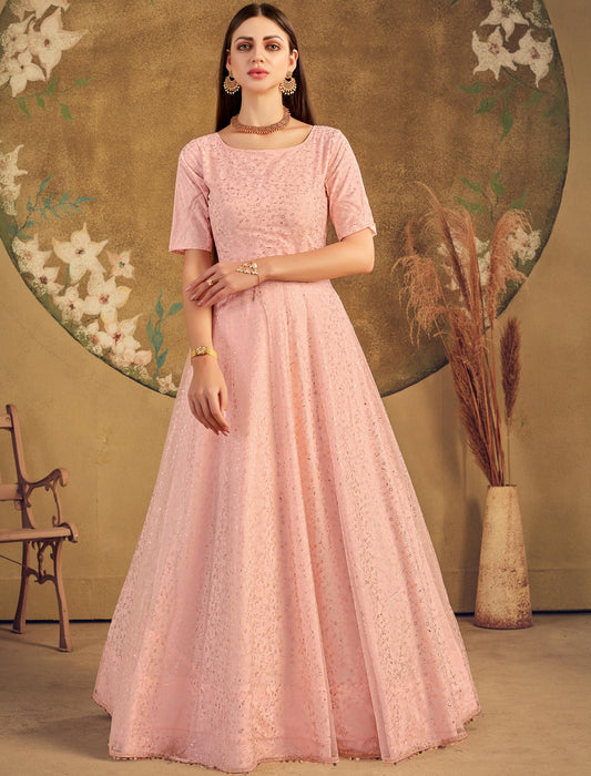 Peach Net Anarkali Ethnic Long Gown for Women