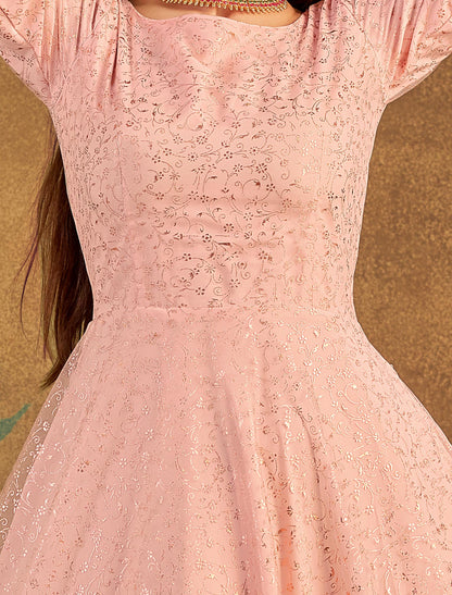Peach Net Anarkali Ethnic Long Gown for Women