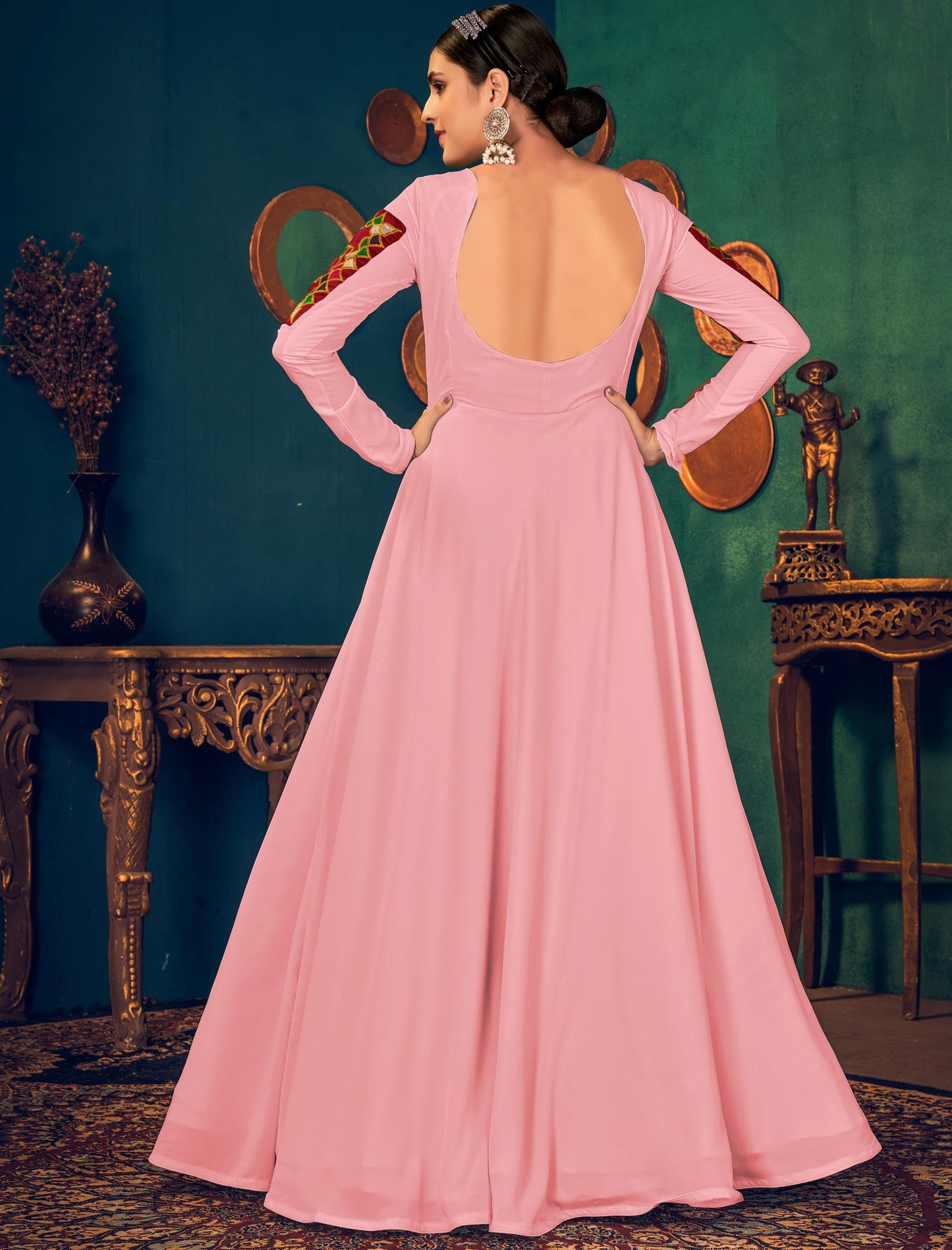 Pink Embroidered Georgette Anarkali Ethnic Gown with Waist Belt