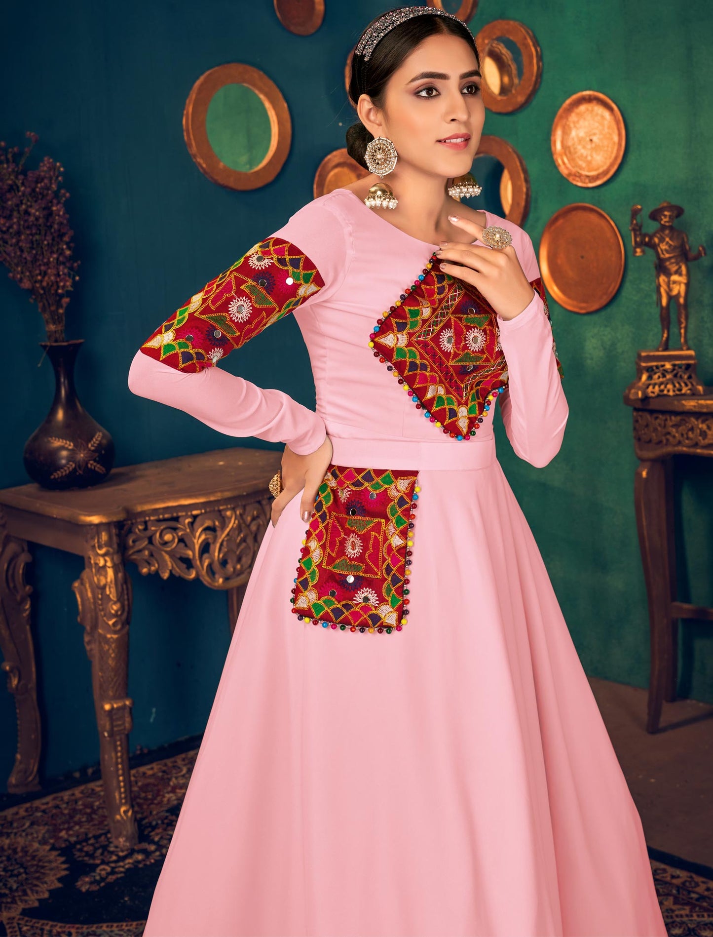 Pink Embroidered Georgette Anarkali Ethnic Gown with Waist Belt