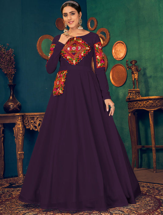 Designer Purple Georgette Anarkali Ethnic Long Gown For Women with Embroidery and Waist Belt