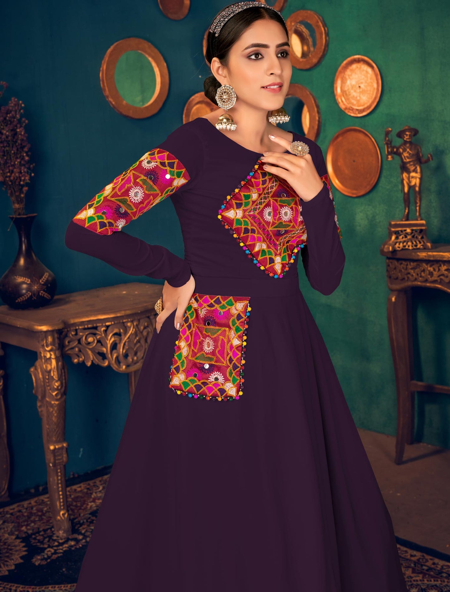 Designer Purple Georgette Anarkali Ethnic Long Gown For Women with Embroidery and Waist Belt