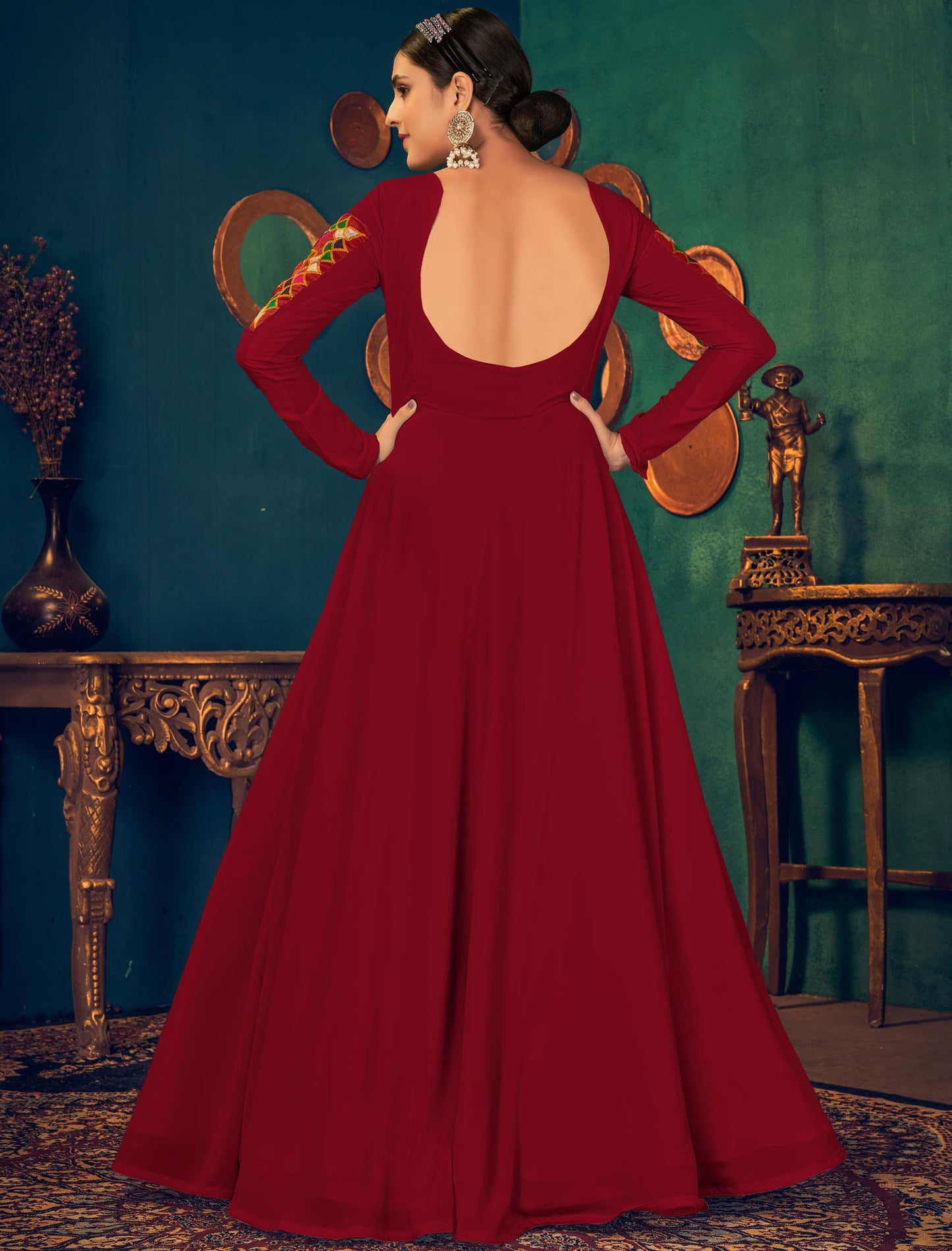 Cherry Red Embroidered Designer Ethnic Gown For Women with Waist Belt