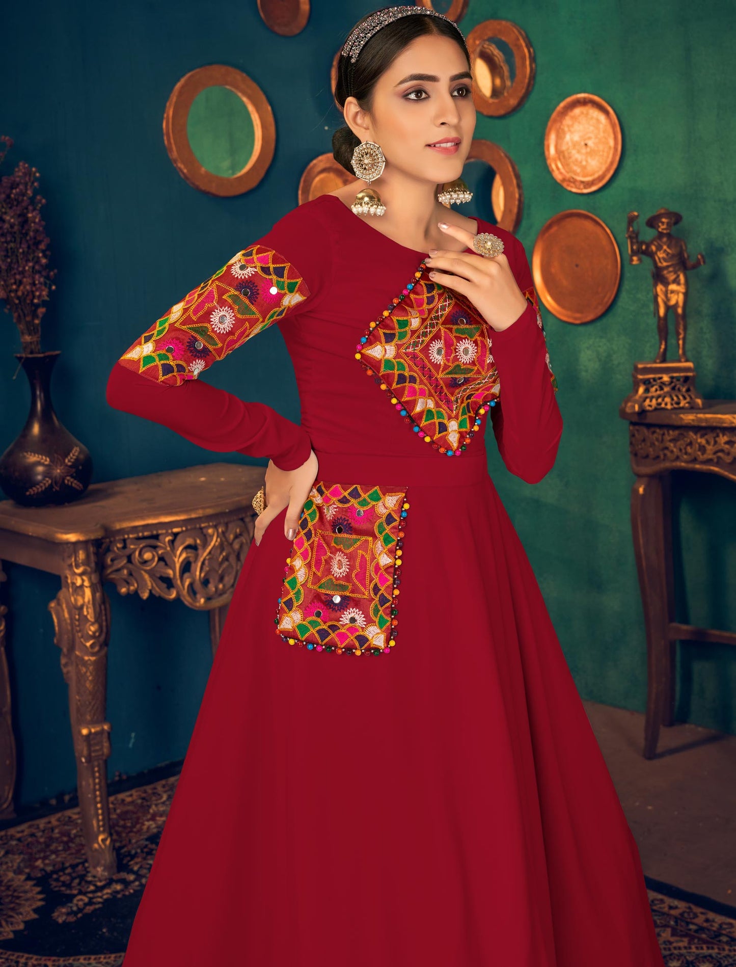 Cherry Red Embroidered Designer Ethnic Gown For Women with Waist Belt