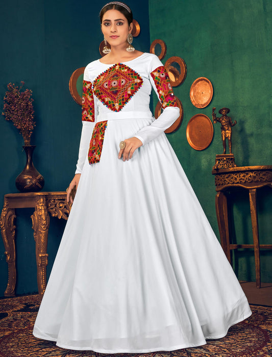 Designer White Georgette Anarkali Ethnic Long Gown For Women with Embroidery and Waist Belt