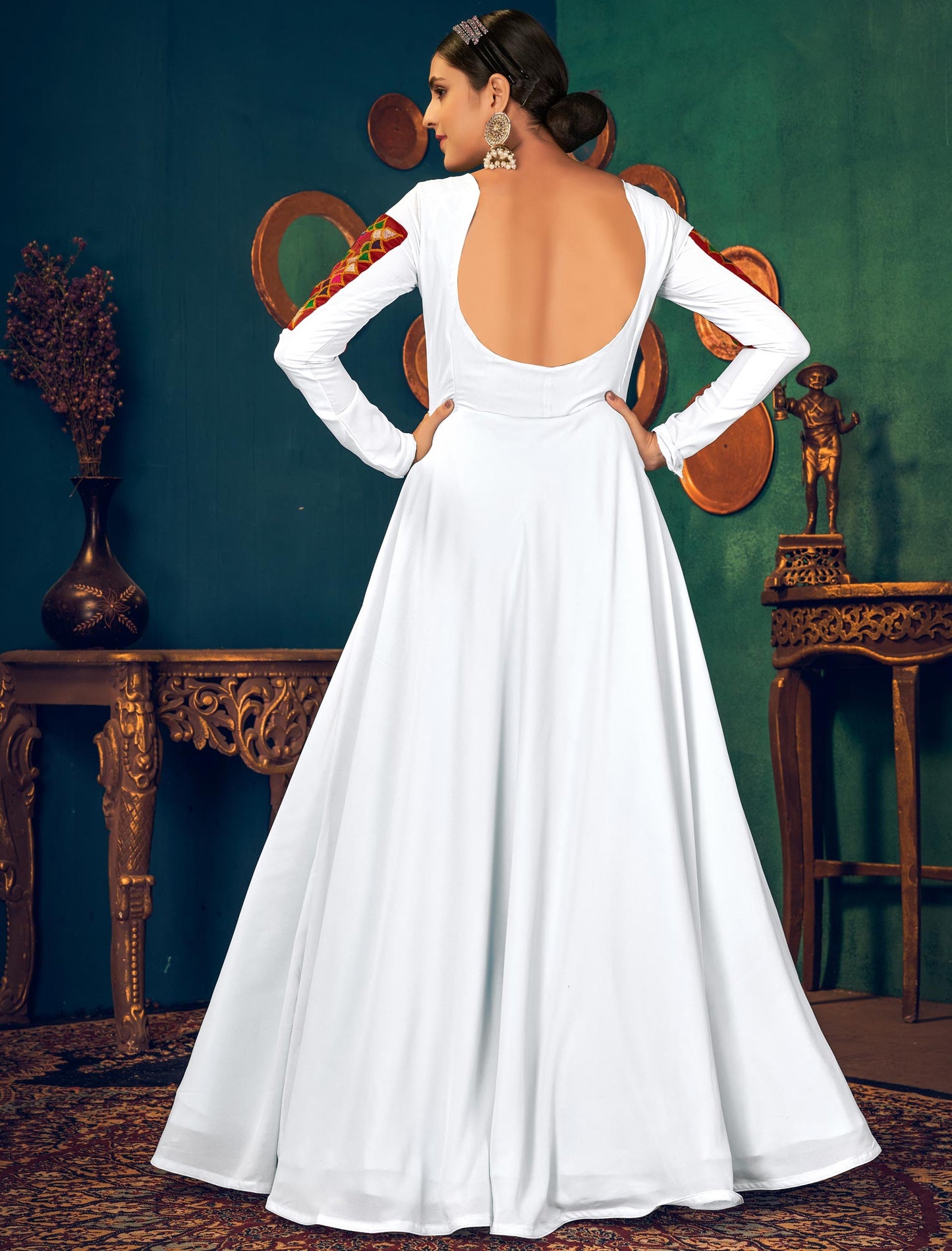 Designer White Georgette Anarkali Ethnic Long Gown For Women with Embroidery and Waist Belt