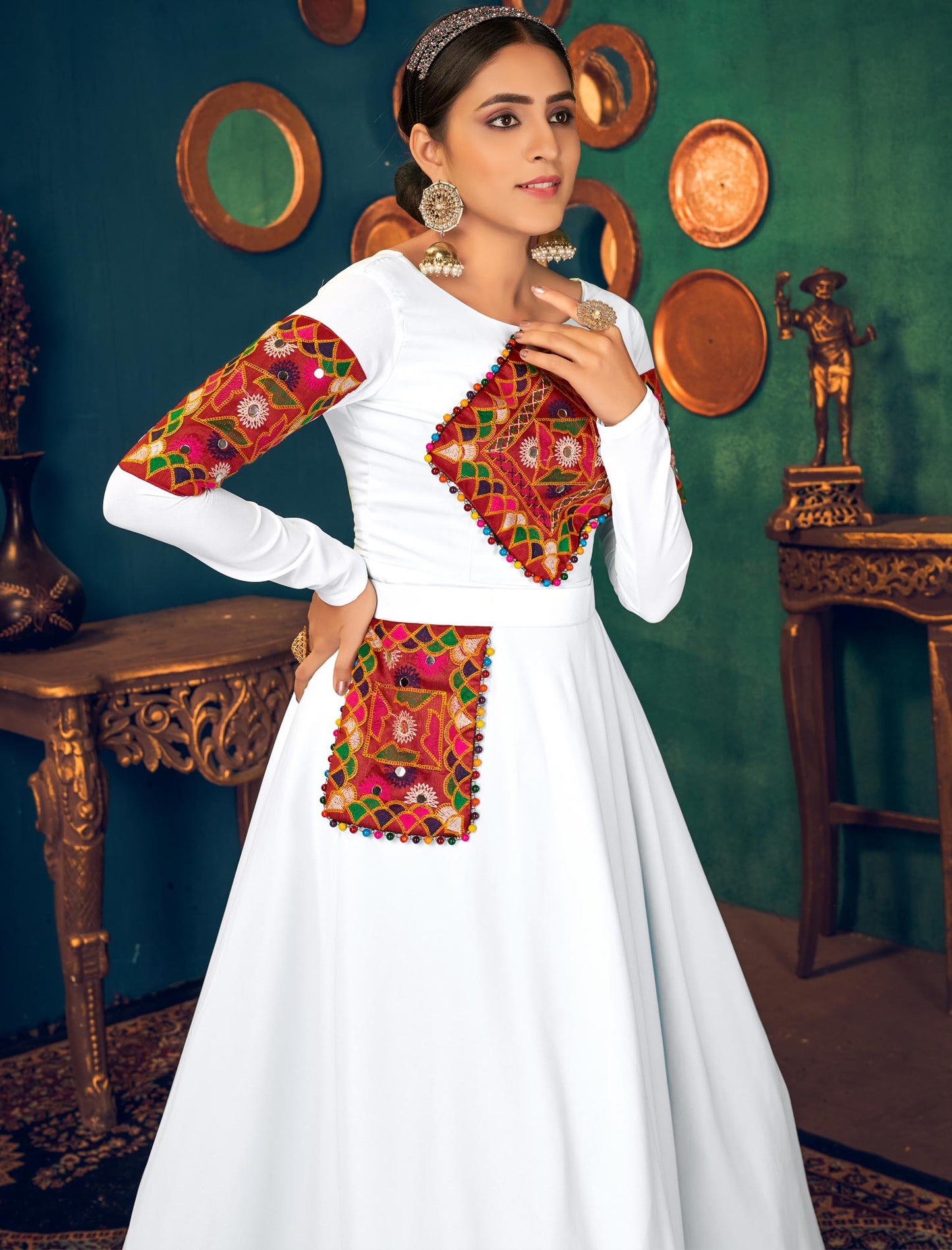 Designer White Georgette Anarkali Ethnic Long Gown For Women with Embroidery and Waist Belt