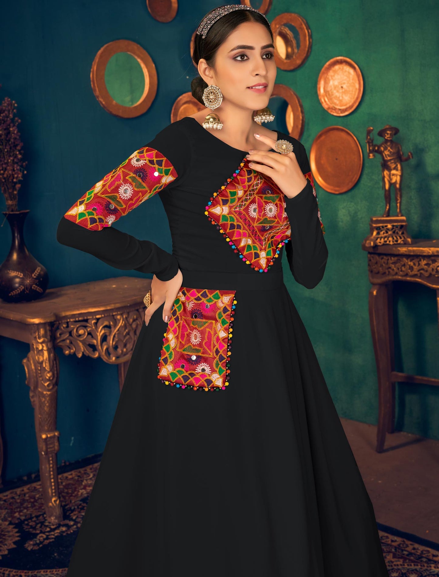 Designer Black Georgette Anarkali Ethnic Long Gown with Embroidery and Waist Belt