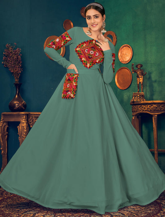 Designer Pista Green Anarkali Long Ethnic Gown with Embroidered Mirror and Pearl Work