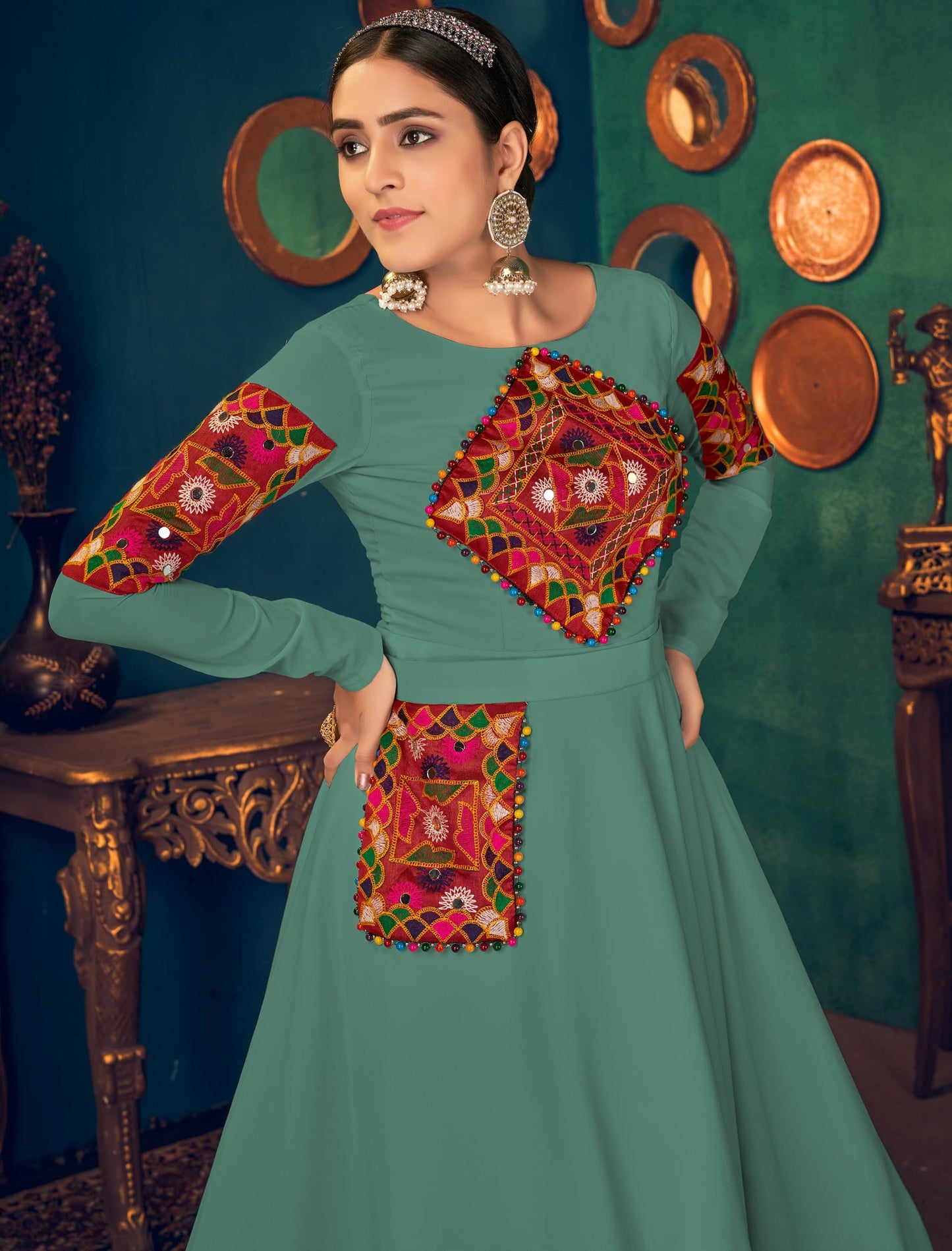 Designer Pista Green Anarkali Long Ethnic Gown with Embroidered Mirror and Pearl Work