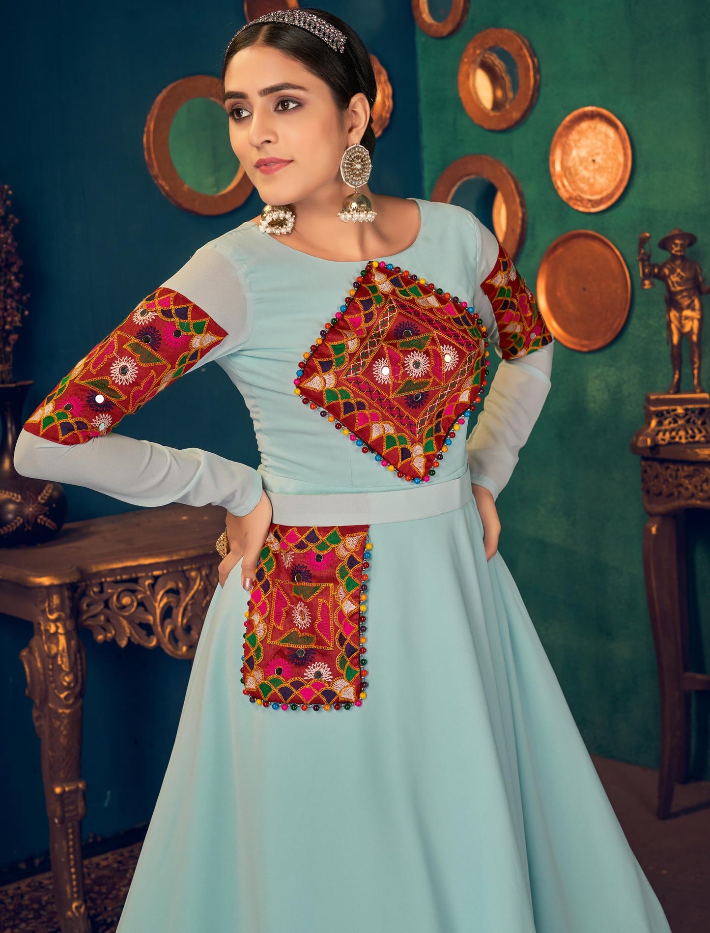 Designer Anarkali Ethnic Long Gown For Women in Sky Blue