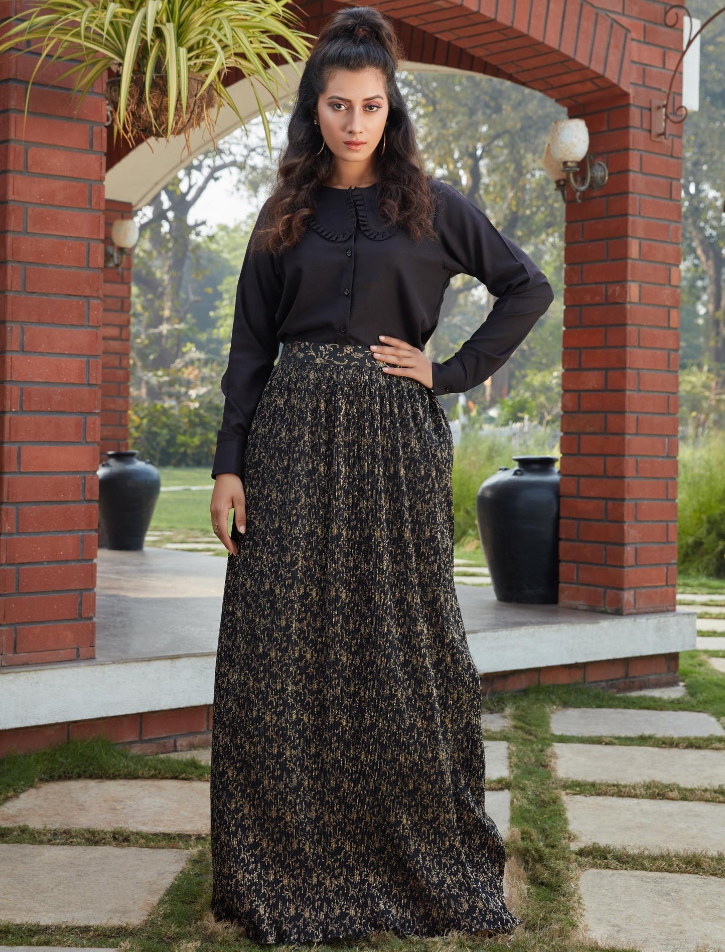 Black Silk Top with Cotton Fabric Skirt Set For Women