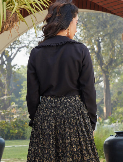 Black Silk Top with Cotton Fabric Skirt Set For Women