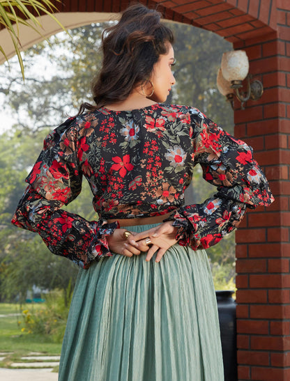 Black Silk Women Top with Imported Fabric Skirt Set