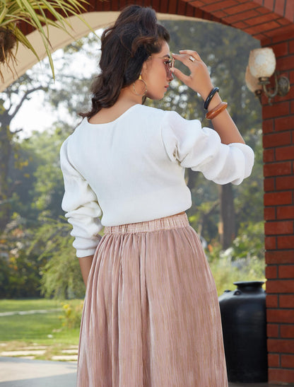 White Silk Imoprted Fabric Top And Skirt Set For Women