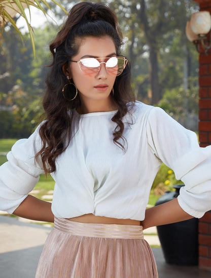 White Silk Imoprted Fabric Top And Skirt Set For Women