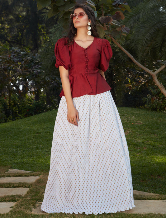 Maroon Women Cotton Silk Top And Skirt For Women