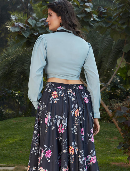 Grey Georgette Top with Imported Fabric Skirt Set For Women