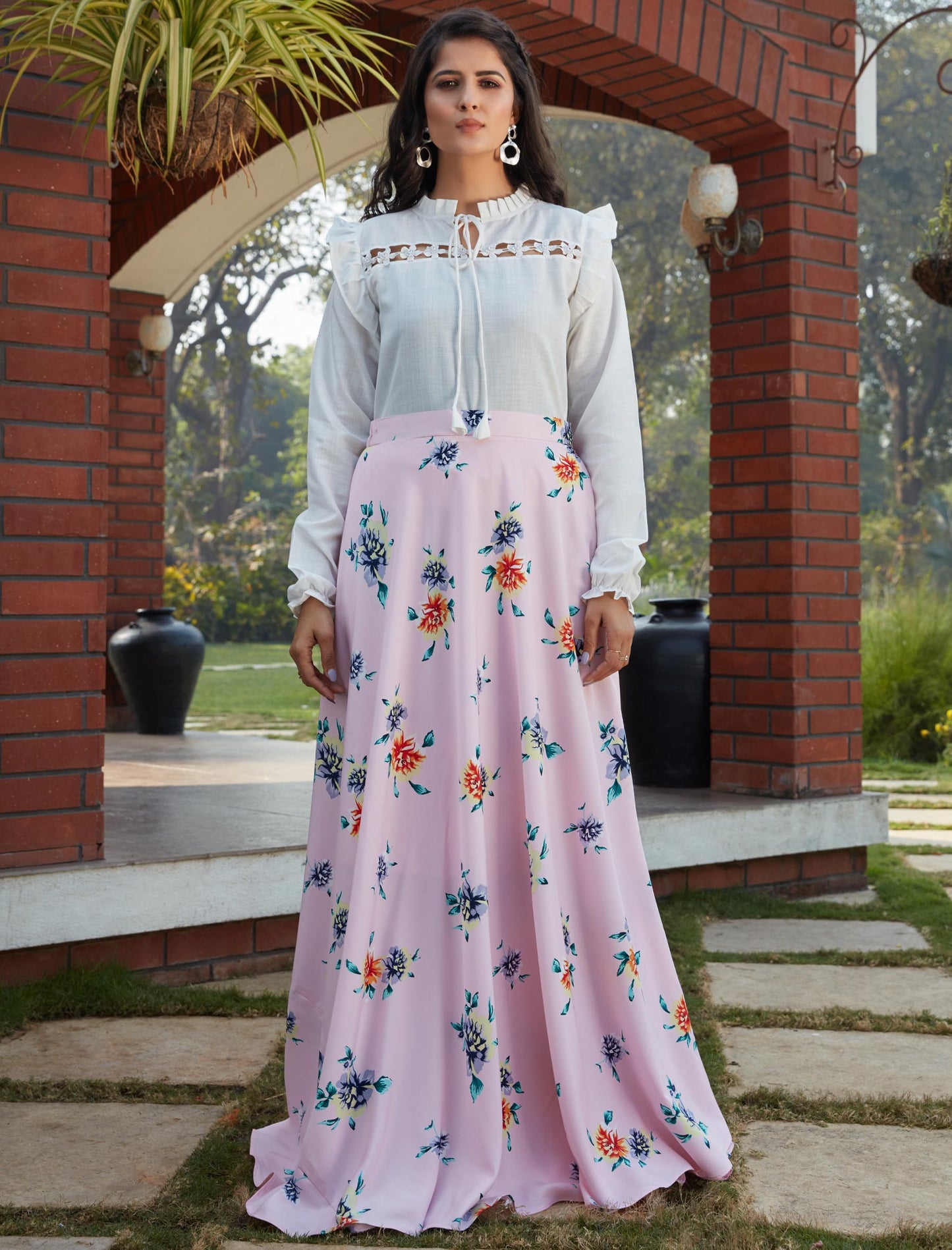 White Cotton Top And Skirt Set For Women with Crepe Silk Fabric