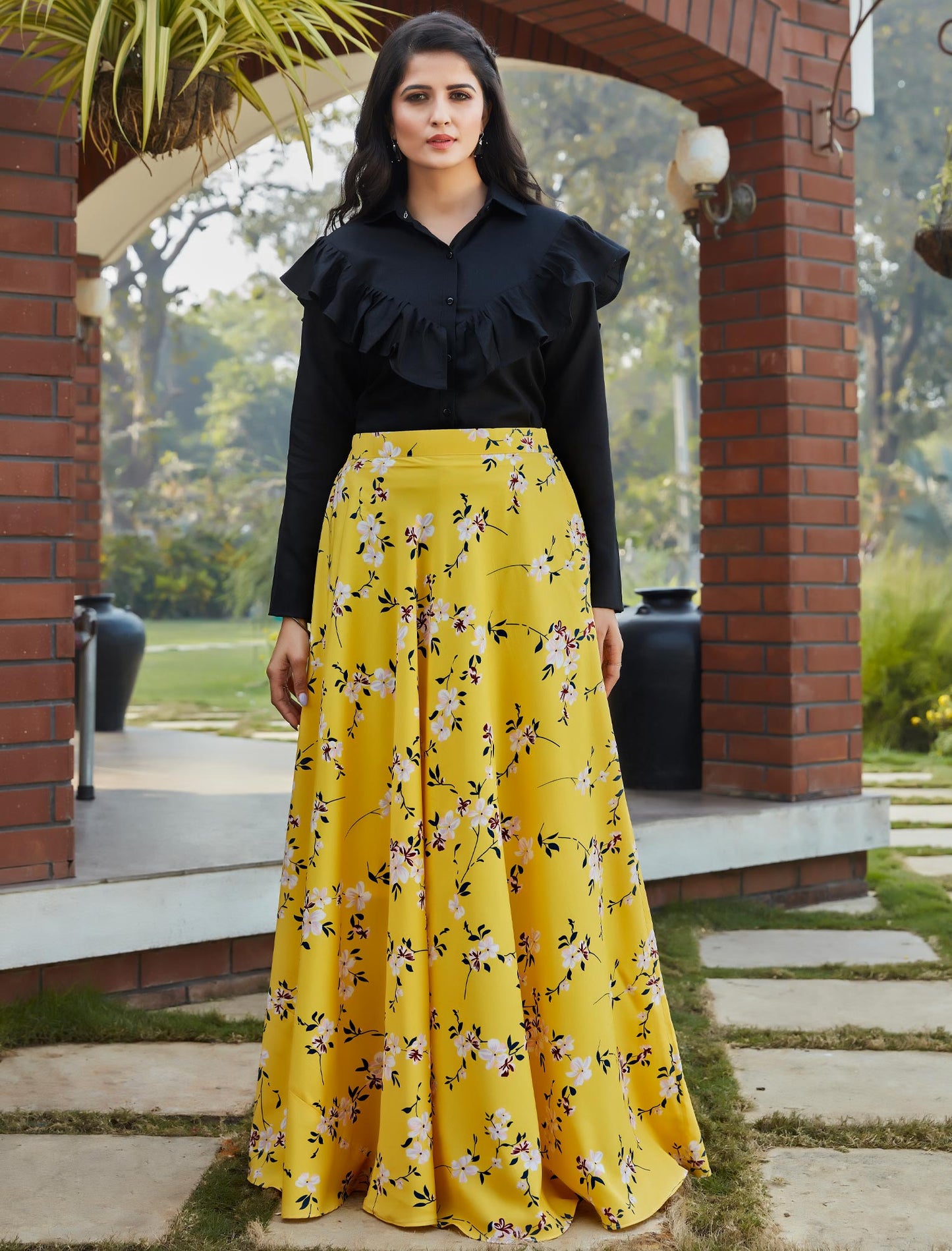 Black Cotton Top with Crepe Silk Fabric Top And Skirt Set For Women