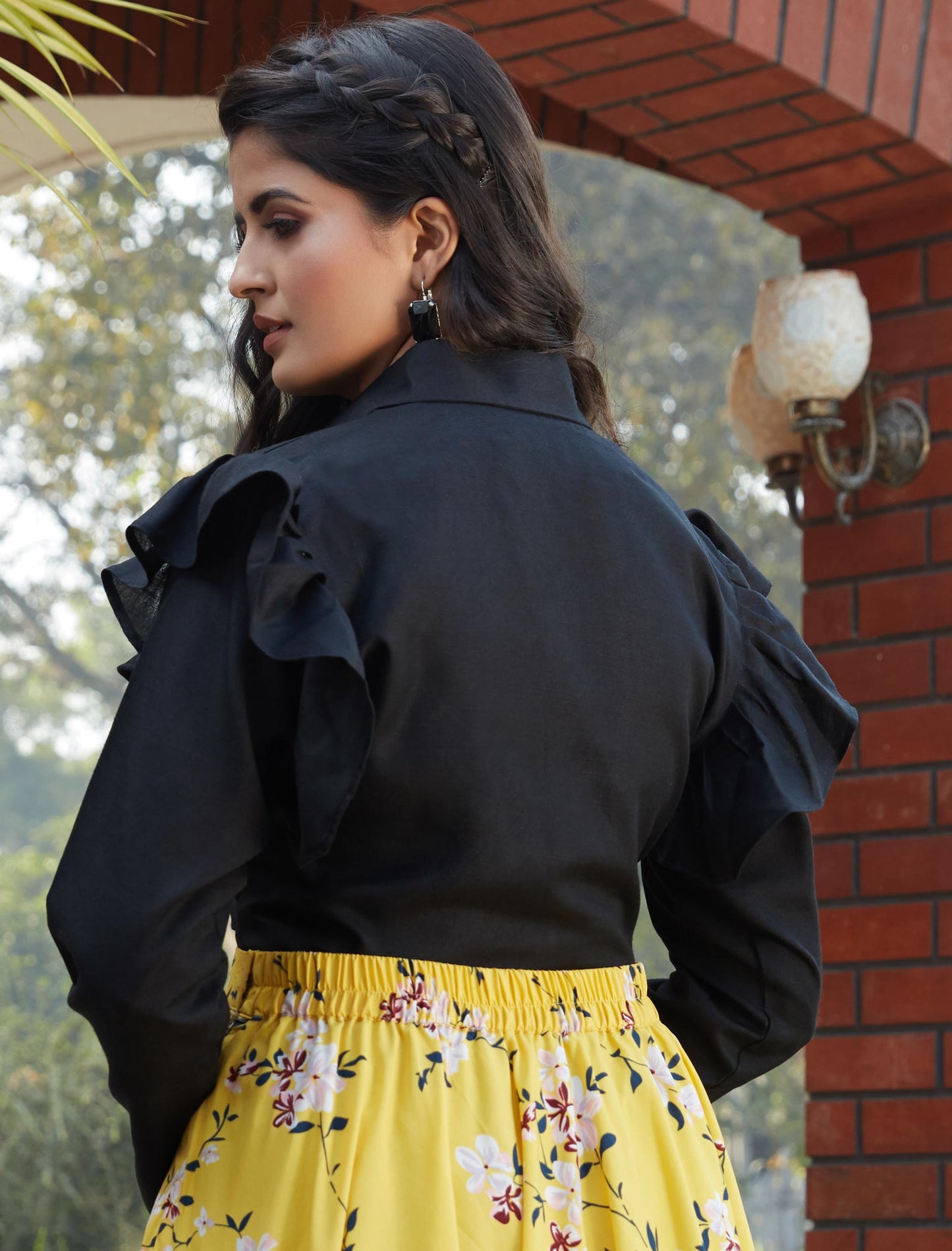 Black Cotton Top with Crepe Silk Fabric Top And Skirt Set For Women