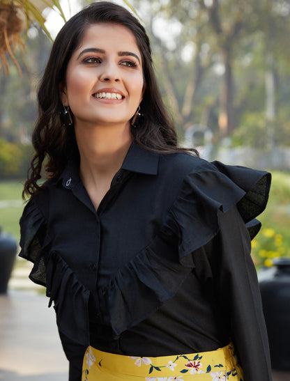 Black Cotton Top with Crepe Silk Fabric Top And Skirt Set For Women