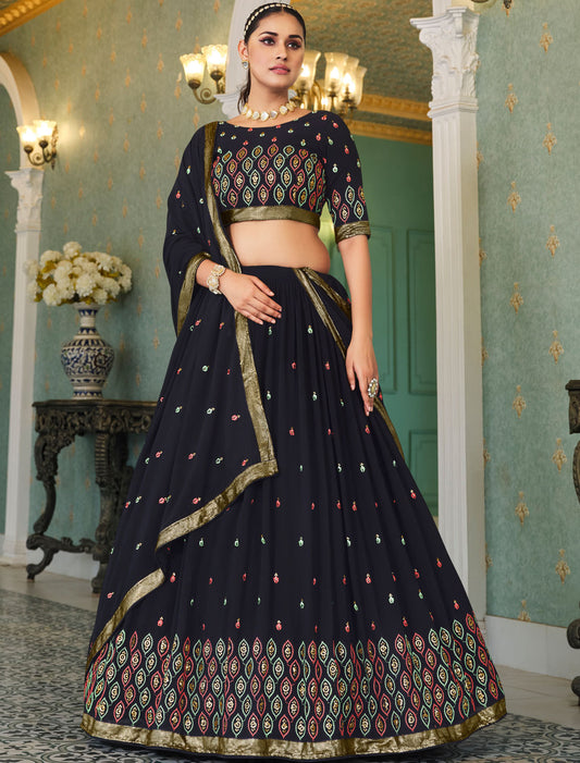 Introducing Navy Blue Georgette Traditional Embroidered Lehenga Choli