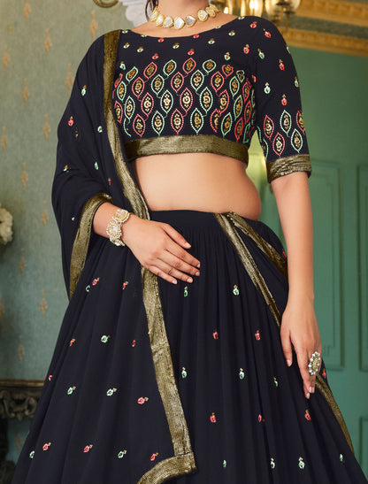 Introducing Navy Blue Georgette Traditional Embroidered Lehenga Choli