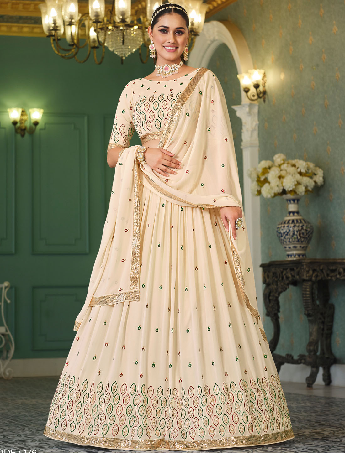 Introducing Our Beige Embroidered Semi-Stitched Lehenga Choli