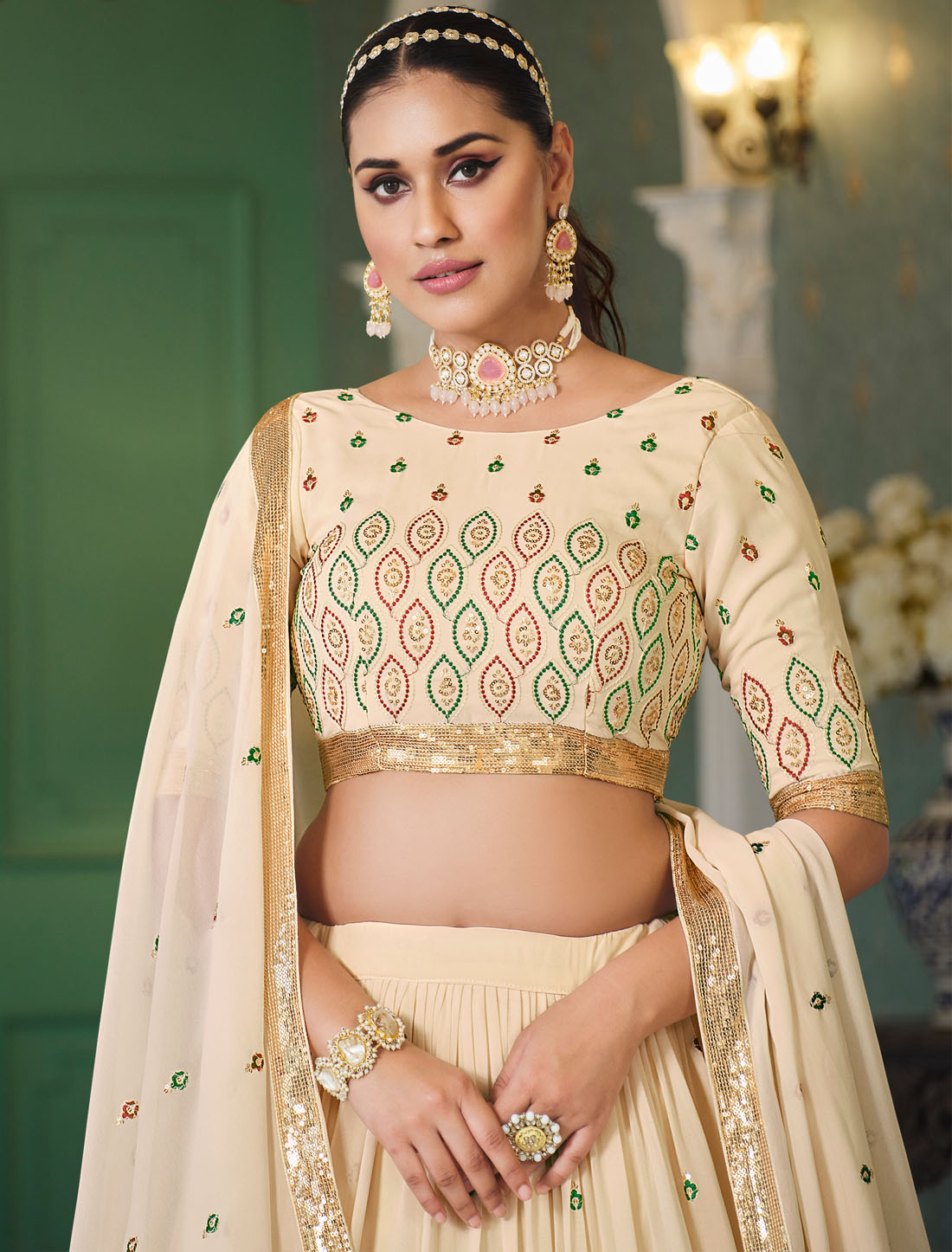 Introducing Our Beige Embroidered Semi-Stitched Lehenga Choli