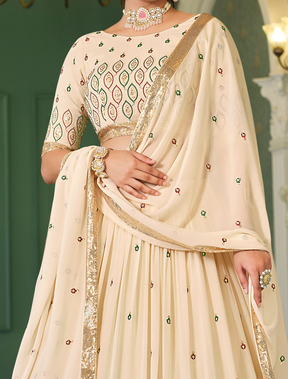 Introducing Our Beige Embroidered Semi-Stitched Lehenga Choli