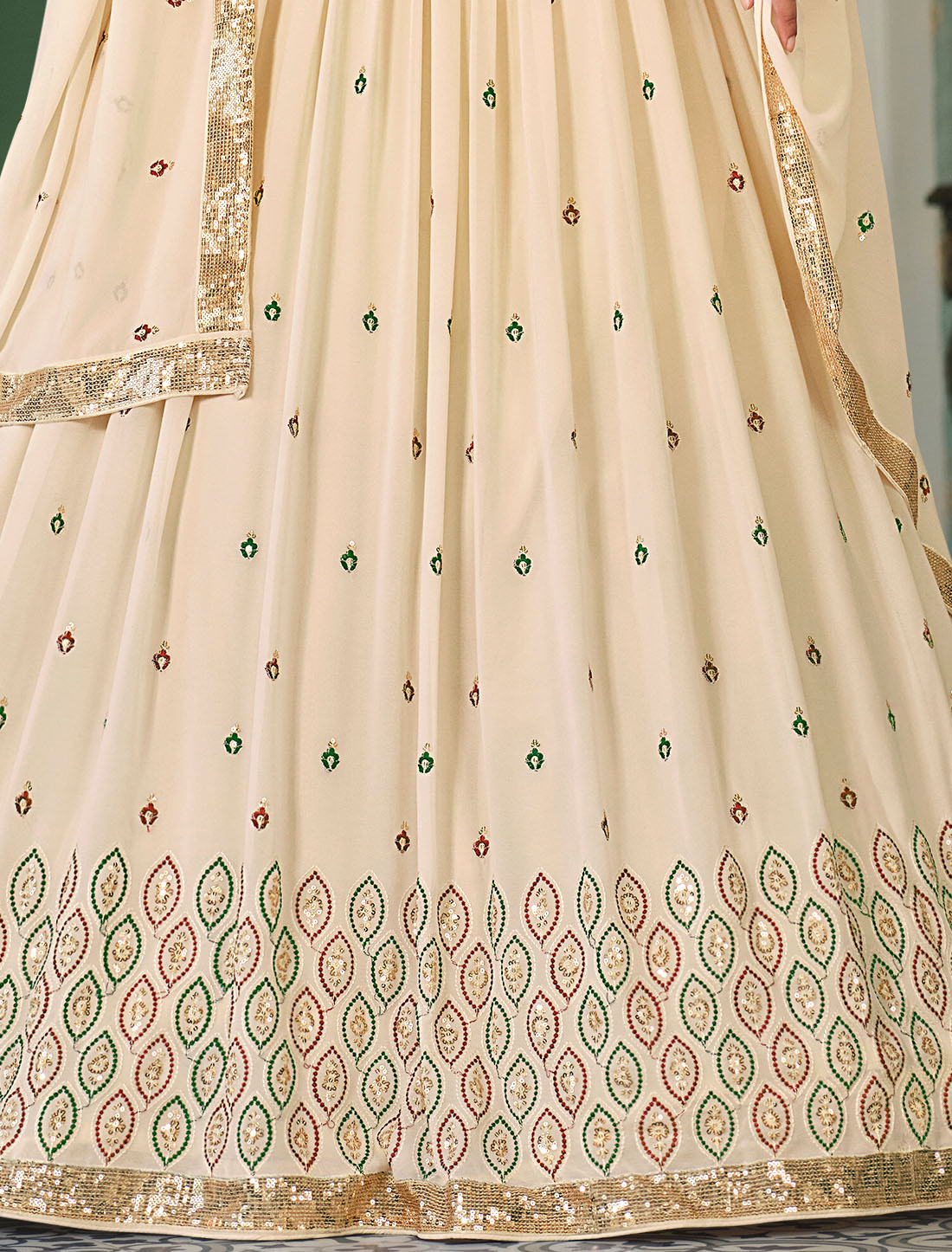 Introducing Our Beige Embroidered Semi-Stitched Lehenga Choli