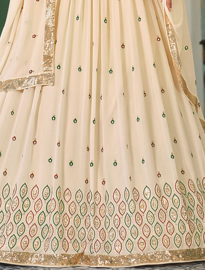 Introducing Our Beige Embroidered Semi-Stitched Lehenga Choli