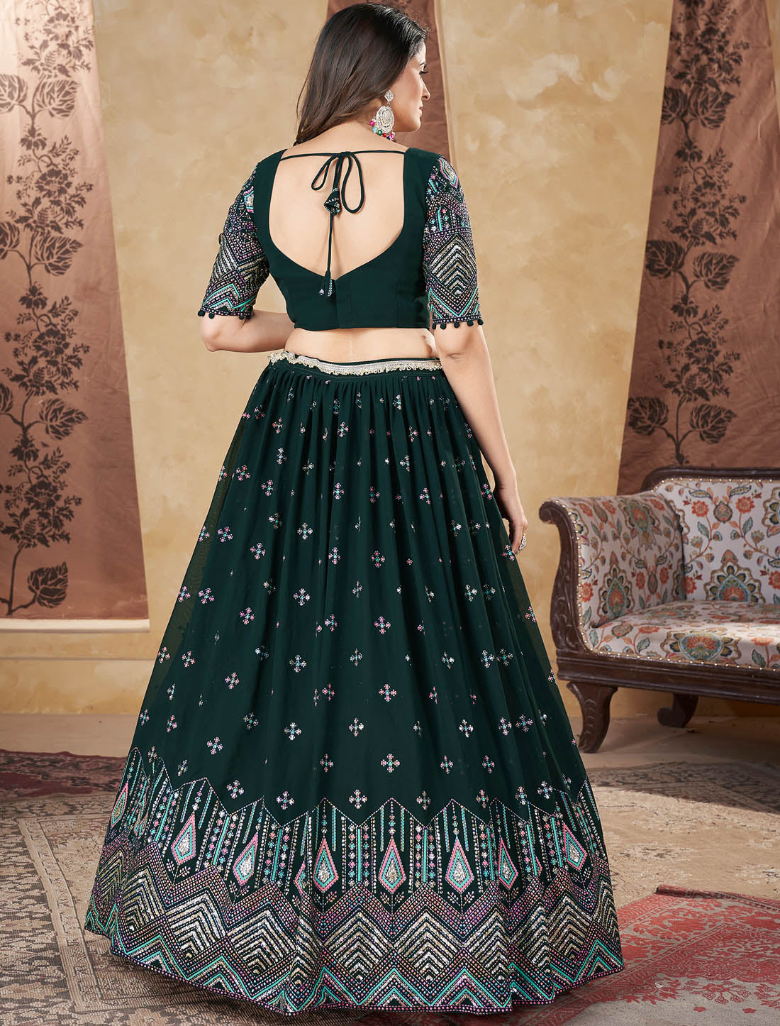 Green Women Georgette Traditional Wedding Lehenga Choli With Dupatta