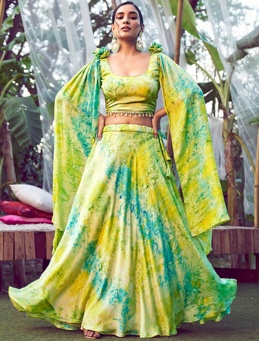 Fluorescent Green Ethnic Party Wear & Wedding Lehenga Choli For Women With Silk Fabric & Fancy Shoulder Dupatta